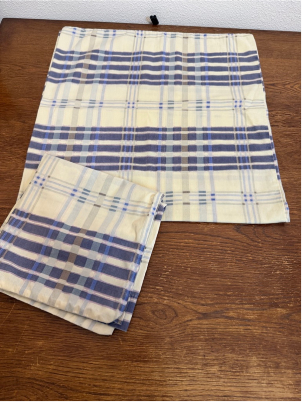 Set of 2 King Pillowcases Plaid Blue Beige Neutral Cotton Blend Standard Bedding
